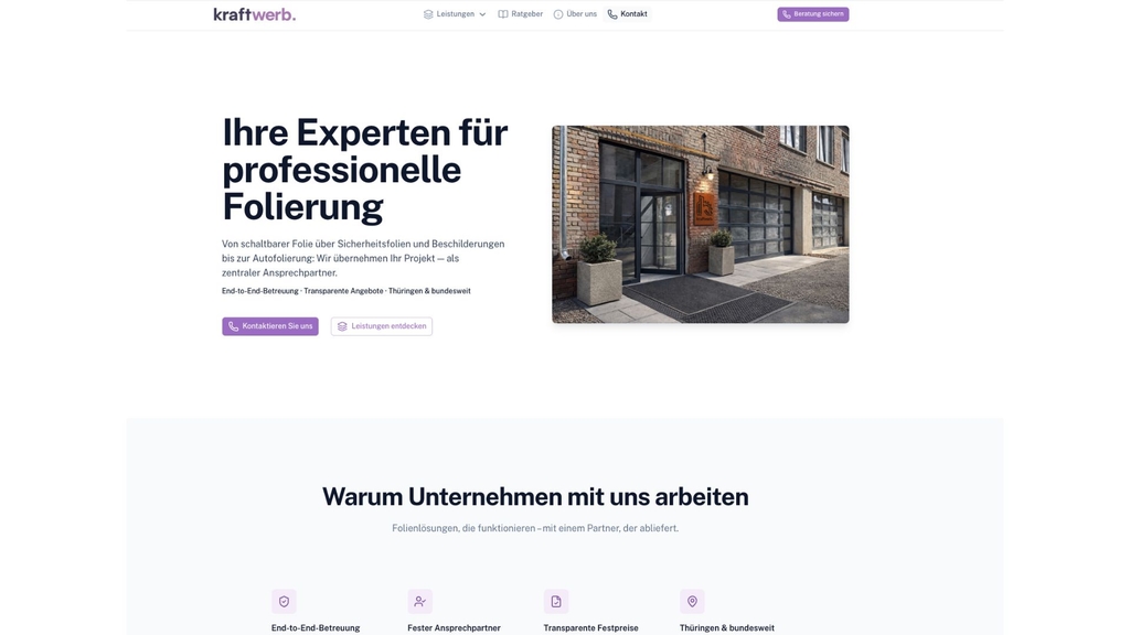 Startseite der Kraftwerb-Website mit Hero-Bereich für professionelle Folierung