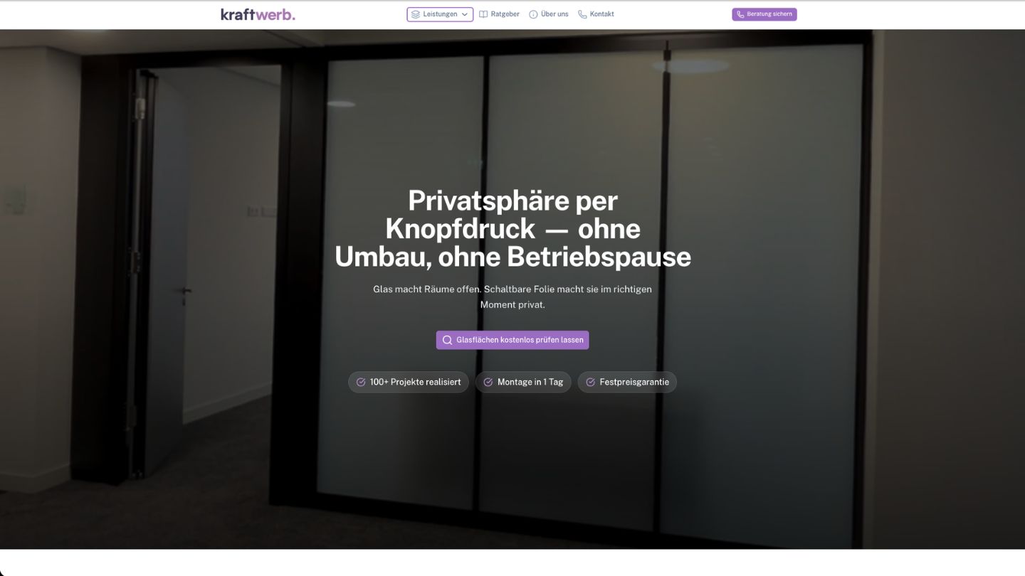 Landingpage-Ausschnitt für schaltbare Folie mit großem Nutzenversprechen