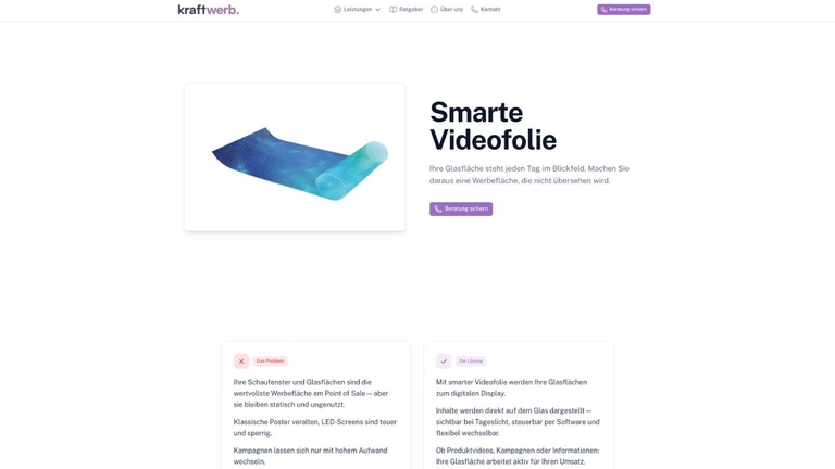 Landingpage-Ausschnitt für smarte Videofolie mit Problem- und Lösungsbereich