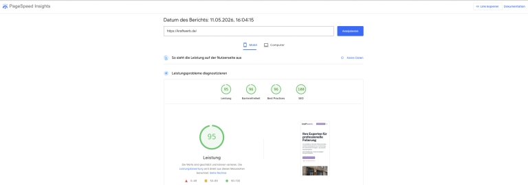 PageSpeed-Insights-Auswertung der Kraftwerb-Website mit sehr guten Leistungswerten