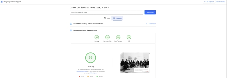 PageSpeed Insights Desktop nach dem Refresh mit Leistungswert 99