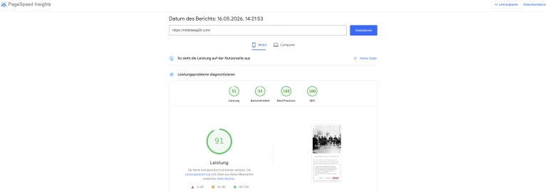 PageSpeed Insights Mobile nach dem Refresh mit Leistungswert 91