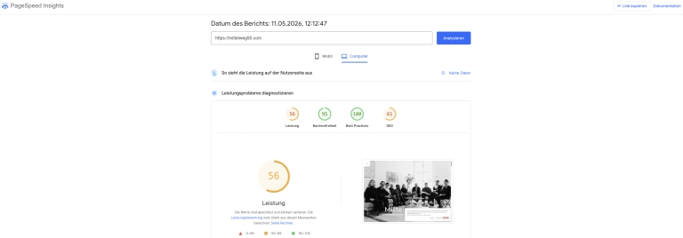 PageSpeed Insights Desktop vor dem Refresh mit Leistungswert 56