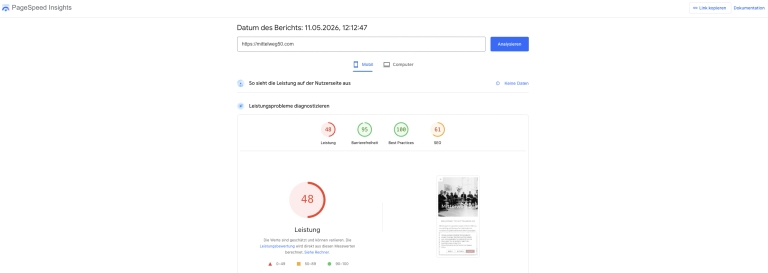 PageSpeed Insights Mobile vor dem Refresh mit Leistungswert 48